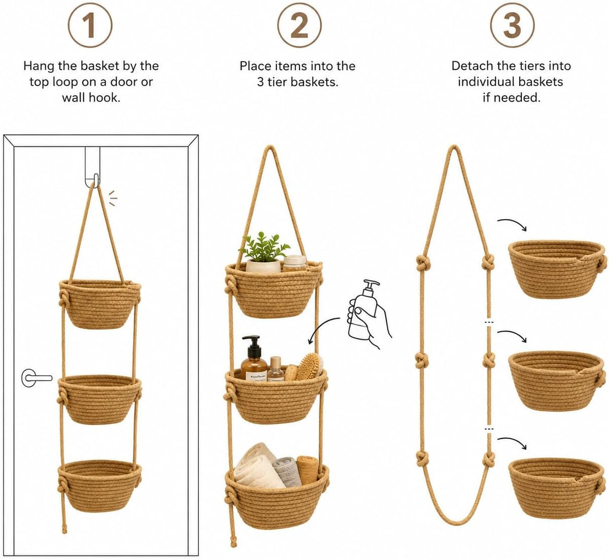 Nursery Over the Door Basket, 3 Tier Woven Wall Hanging Bag Set, 1Pc