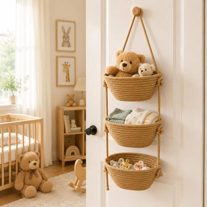 Nursery Over the Door Basket, 3 Tier Woven Wall Hanging Bag Set, 1Pc