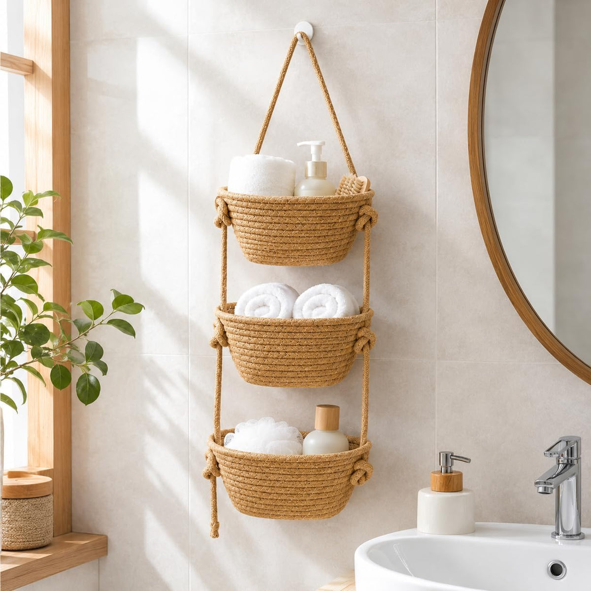 Nursery Over the Door Basket, 3 Tier Woven Wall Hanging Bag Set, 1Pc