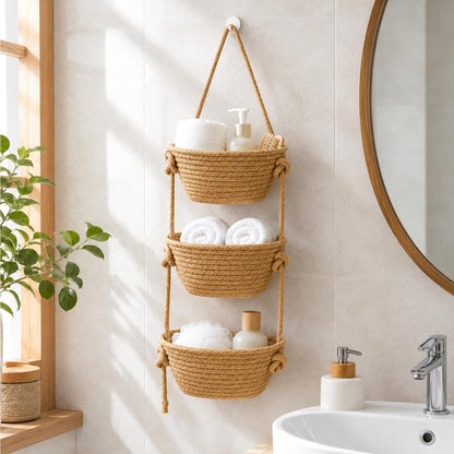 Nursery Over the Door Basket, 3 Tier Woven Wall Hanging Bag Set, 1Pc