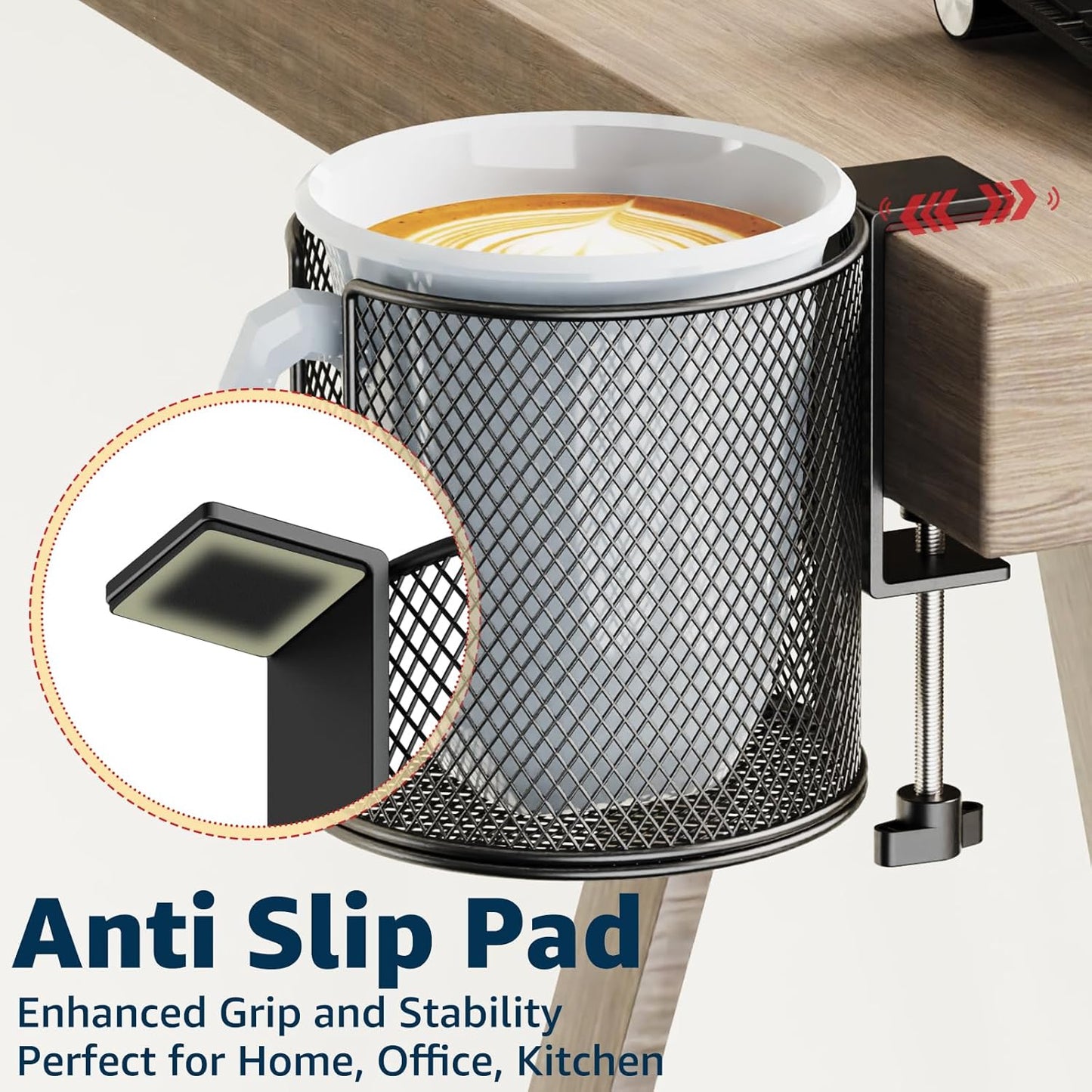 Large Desk Cup Holder, Fully Covered Anti-Spill Clip on Cup Holder | 3.95" Inner Diameter Clamp on Table, Office Gaming PC Desk Accessories, can Hold Universal Bottles, Mugs,Cans,Tumblers-Black
