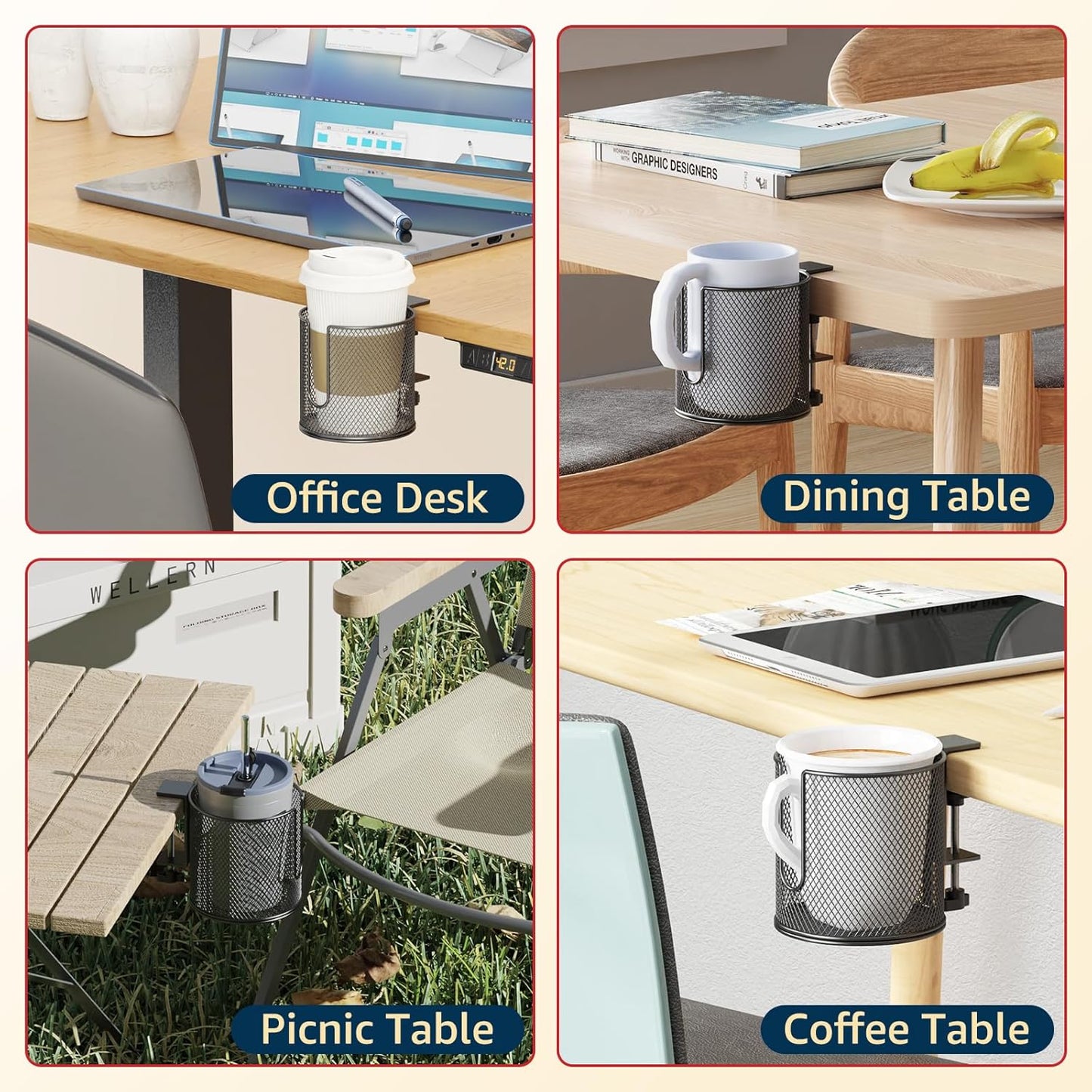 Large Desk Cup Holder, Fully Covered Anti-Spill Clip on Cup Holder | 3.95" Inner Diameter Clamp on Table, Office Gaming PC Desk Accessories, can Hold Universal Bottles, Mugs,Cans,Tumblers-Black