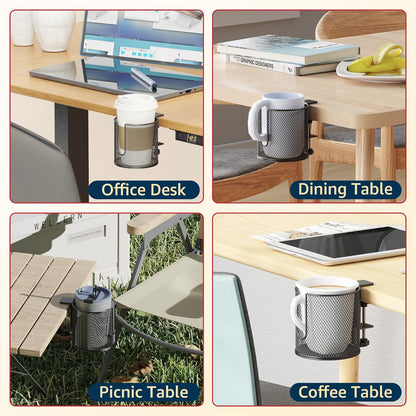 Large Desk Cup Holder, Fully Covered Anti-Spill Clip on Cup Holder | 3.95" Inner Diameter Clamp on Table, Office Gaming PC Desk Accessories, can Hold Universal Bottles, Mugs,Cans,Tumblers-Black