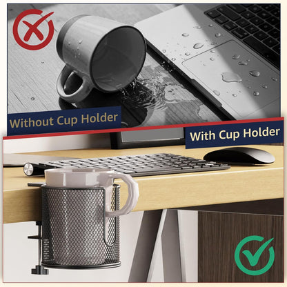 Large Desk Cup Holder, Fully Covered Anti-Spill Clip on Cup Holder | 3.95" Inner Diameter Clamp on Table, Office Gaming PC Desk Accessories, can Hold Universal Bottles, Mugs,Cans,Tumblers-Black