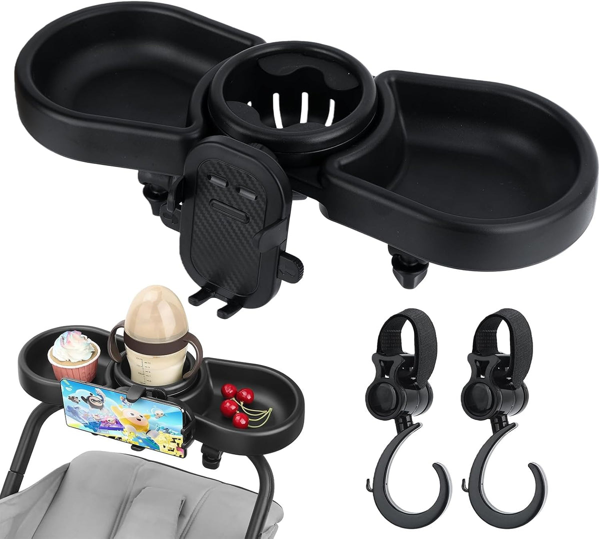 Stroller Snack Tray, Universal Snack Tray for Stroller Adjustable with Cup Holder Phone Holder and Non-Slip Clip, Travel Accessories Suitable for Strollers with Round Armrests