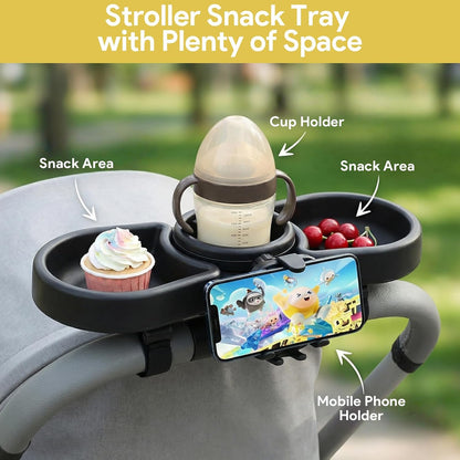 Stroller Snack Tray, Universal Snack Tray for Stroller Adjustable with Cup Holder Phone Holder and Non-Slip Clip, Travel Accessories Suitable for Strollers with Round Armrests