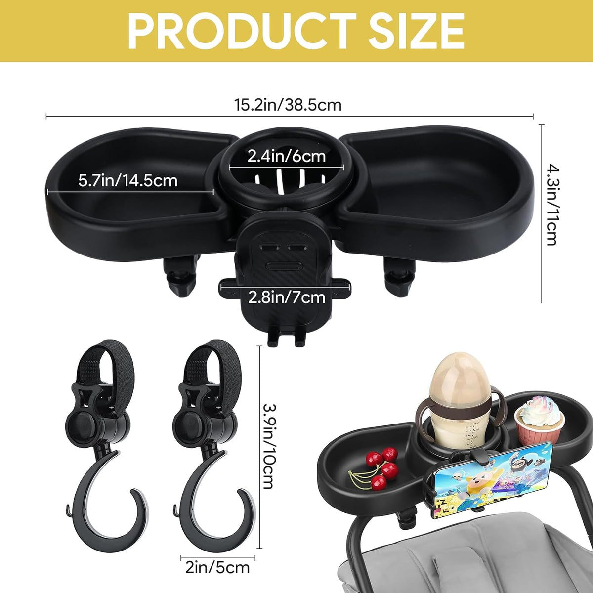 Stroller Snack Tray, Universal Snack Tray for Stroller Adjustable with Cup Holder Phone Holder and Non-Slip Clip, Travel Accessories Suitable for Strollers with Round Armrests