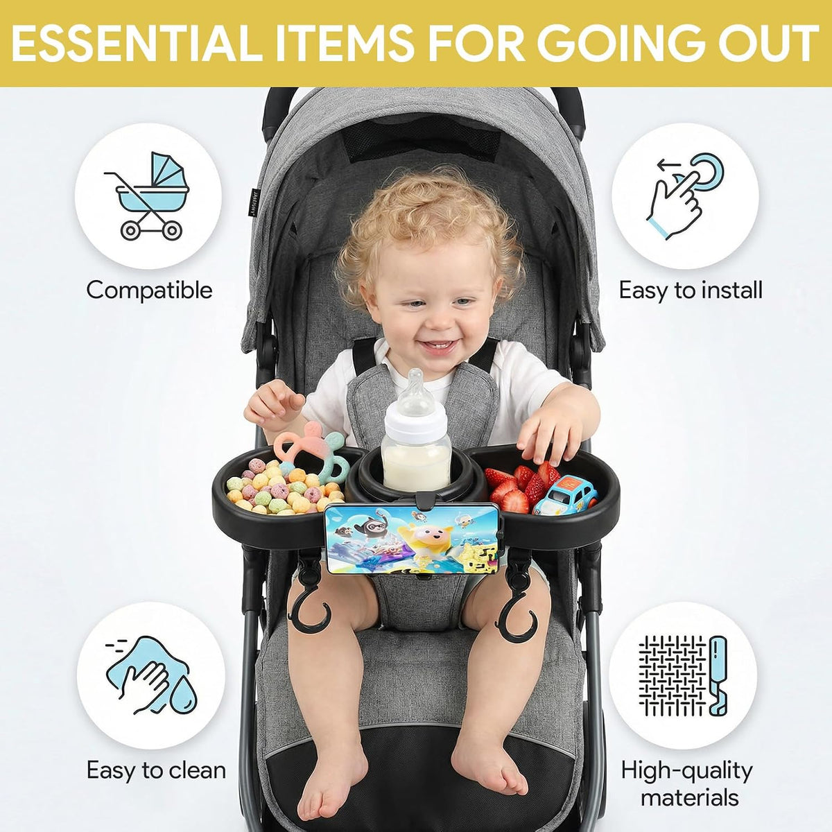 Stroller Snack Tray, Universal Snack Tray for Stroller Adjustable with Cup Holder Phone Holder and Non-Slip Clip, Travel Accessories Suitable for Strollers with Round Armrests