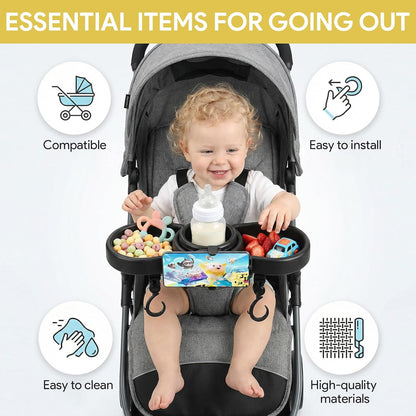 Stroller Snack Tray, Universal Snack Tray for Stroller Adjustable with Cup Holder Phone Holder and Non-Slip Clip, Travel Accessories Suitable for Strollers with Round Armrests
