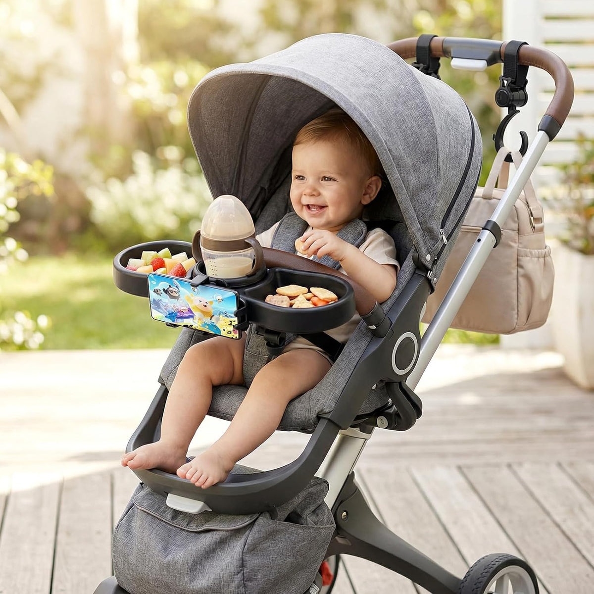 Stroller Snack Tray, Universal Snack Tray for Stroller Adjustable with Cup Holder Phone Holder and Non-Slip Clip, Travel Accessories Suitable for Strollers with Round Armrests