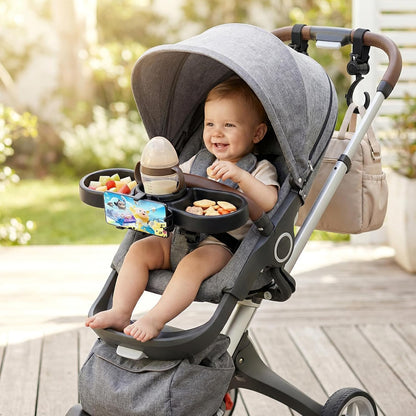 Stroller Snack Tray, Universal Snack Tray for Stroller Adjustable with Cup Holder Phone Holder and Non-Slip Clip, Travel Accessories Suitable for Strollers with Round Armrests