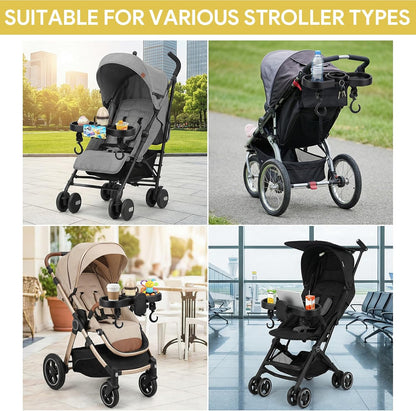 Stroller Snack Tray, Universal Snack Tray for Stroller Adjustable with Cup Holder Phone Holder and Non-Slip Clip, Travel Accessories Suitable for Strollers with Round Armrests