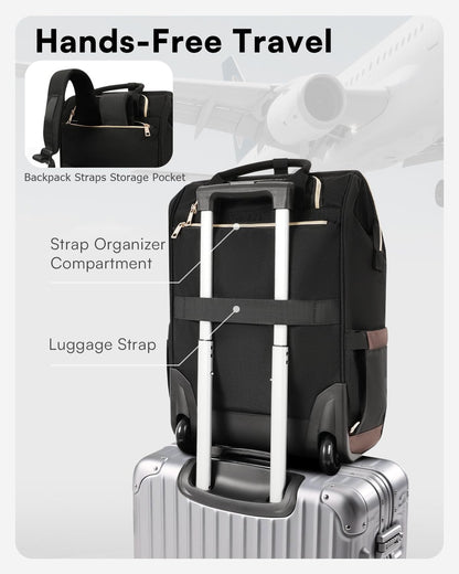 Rolling Backpack for Women, Travel Backpack with Wheels, Dual-Opening Wheeled Laptop Backpack, Stylish Rolling Laptop Bag, Overnight Underseat Carry on Luggage for College Business Work, Beige Brown