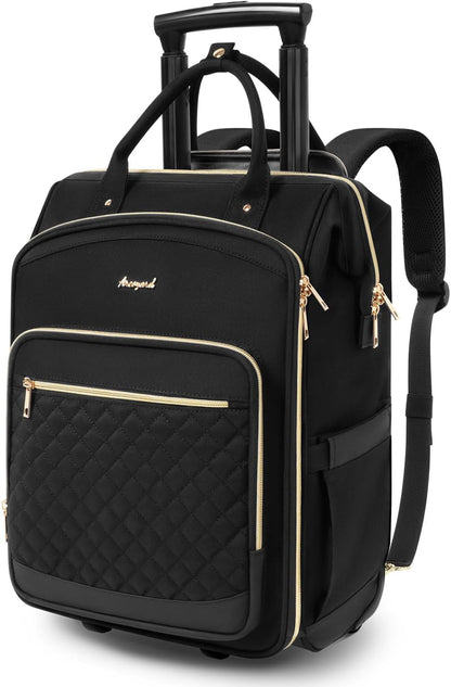 Rolling Backpack for Women, Travel Backpack with Wheels, Dual-Opening Wheeled Laptop Backpack, Stylish Rolling Laptop Bag, Overnight Underseat Carry on Luggage for College Business Work, Beige Brown