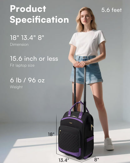 Rolling Backpack for Women, Travel Backpack with Wheels, Dual-Opening Wheeled Laptop Backpack, Stylish Rolling Laptop Bag, Overnight Underseat Carry on Luggage for College Business Work, Beige Brown