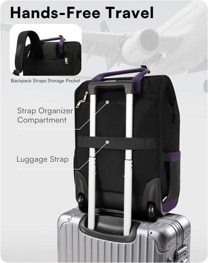 Rolling Backpack for Women, Travel Backpack with Wheels, Dual-Opening Wheeled Laptop Backpack, Stylish Rolling Laptop Bag, Overnight Underseat Carry on Luggage for College Business Work, Beige Brown