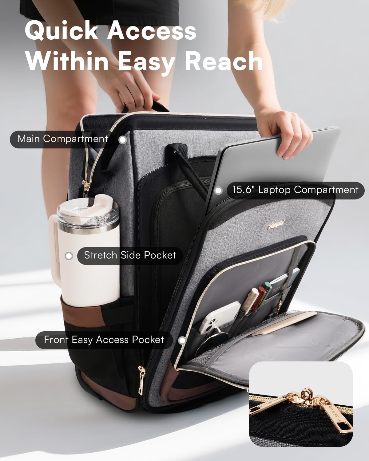 Rolling Backpack for Women, Travel Backpack with Wheels, Dual-Opening Wheeled Laptop Backpack, Stylish Rolling Laptop Bag, Overnight Underseat Carry on Luggage for College Business Work, Beige Brown