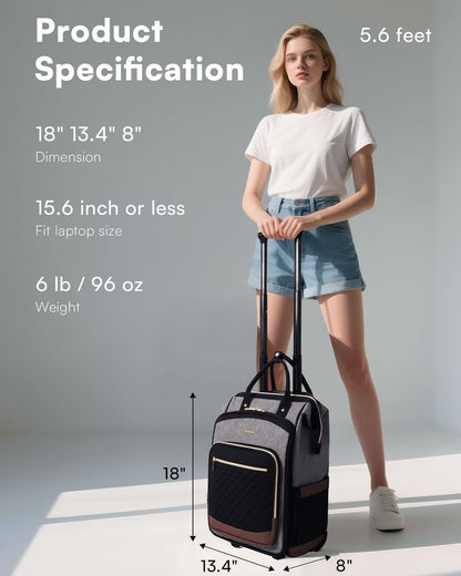 Rolling Backpack for Women, Travel Backpack with Wheels, Dual-Opening Wheeled Laptop Backpack, Stylish Rolling Laptop Bag, Overnight Underseat Carry on Luggage for College Business Work, Beige Brown