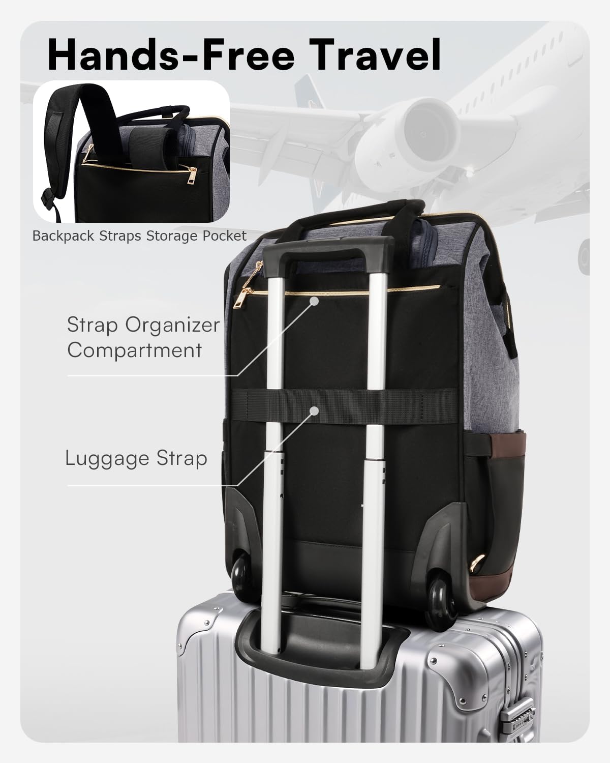 Rolling Backpack for Women, Travel Backpack with Wheels, Dual-Opening Wheeled Laptop Backpack, Stylish Rolling Laptop Bag, Overnight Underseat Carry on Luggage for College Business Work, Beige Brown