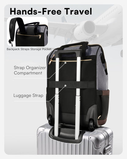 Rolling Backpack for Women, Travel Backpack with Wheels, Dual-Opening Wheeled Laptop Backpack, Stylish Rolling Laptop Bag, Overnight Underseat Carry on Luggage for College Business Work, Beige Brown