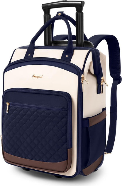 Rolling Backpack for Women, Travel Backpack with Wheels, Dual-Opening Wheeled Laptop Backpack, Stylish Rolling Laptop Bag, Overnight Underseat Carry on Luggage for College Business Work, Beige Brown