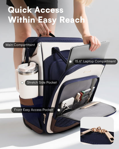 Rolling Backpack for Women, Travel Backpack with Wheels, Dual-Opening Wheeled Laptop Backpack, Stylish Rolling Laptop Bag, Overnight Underseat Carry on Luggage for College Business Work, Beige Brown