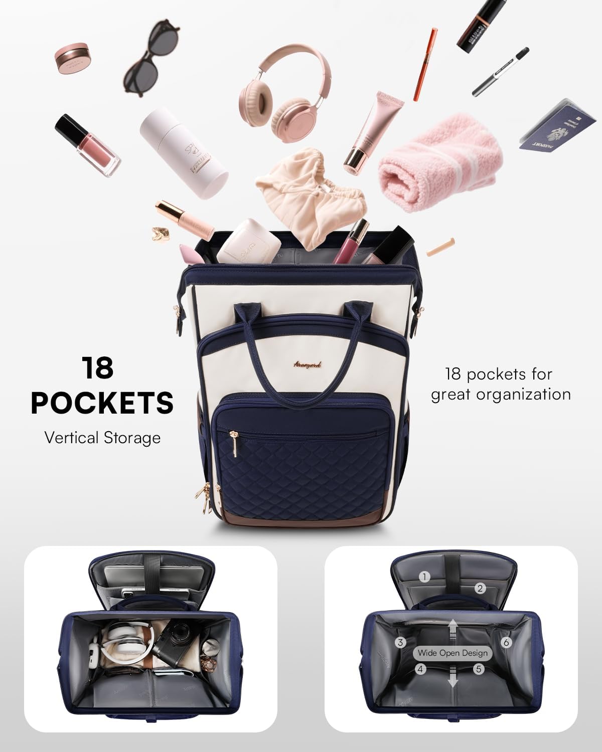 Rolling Backpack for Women, Travel Backpack with Wheels, Dual-Opening Wheeled Laptop Backpack, Stylish Rolling Laptop Bag, Overnight Underseat Carry on Luggage for College Business Work, Beige Brown