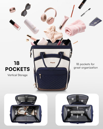 Rolling Backpack for Women, Travel Backpack with Wheels, Dual-Opening Wheeled Laptop Backpack, Stylish Rolling Laptop Bag, Overnight Underseat Carry on Luggage for College Business Work, Beige Brown