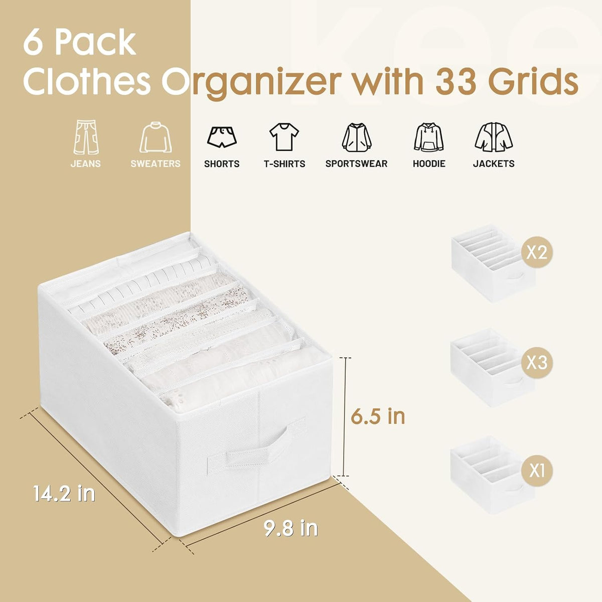 6 Pack Large Clothes Organizer, Wardrobe Closet Organizer and Storage with Handles, Foldable Fabric Closet Organizers Dividers for Clothing, Pants, Jeans, Sweater, T-shirts, Grey