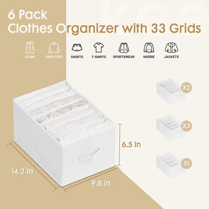 6 Pack Large Clothes Organizer, Wardrobe Closet Organizer and Storage with Handles, Foldable Fabric Closet Organizers Dividers for Clothing, Pants, Jeans, Sweater, T-shirts, Grey