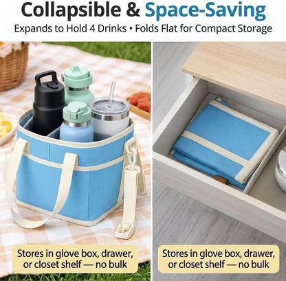 Insulated Drink Carrier Bag for 4 Cups, Water Resistant Multiple Tumbler Tote with Adjustable Shoulder Strap, Leakproof Reusable Coffee Caddy for Travel and Outings (Blue)