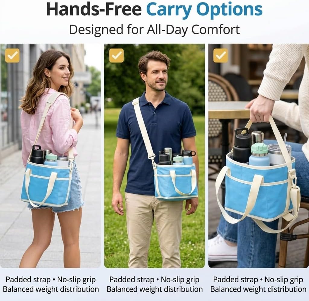 Insulated Drink Carrier Bag for 4 Cups, Water Resistant Multiple Tumbler Tote with Adjustable Shoulder Strap, Leakproof Reusable Coffee Caddy for Travel and Outings (Blue)