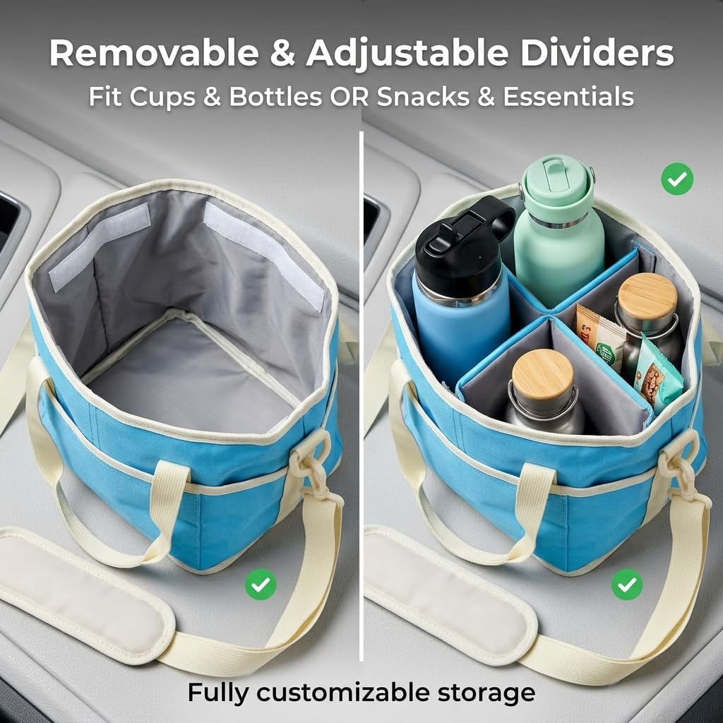 Insulated Drink Carrier Bag for 4 Cups, Water Resistant Multiple Tumbler Tote with Adjustable Shoulder Strap, Leakproof Reusable Coffee Caddy for Travel and Outings (Blue)