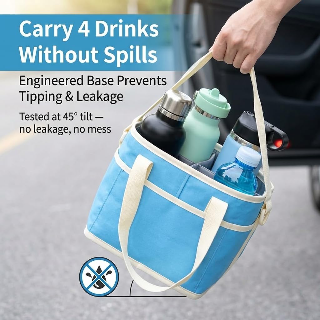 Insulated Drink Carrier Bag for 4 Cups, Water Resistant Multiple Tumbler Tote with Adjustable Shoulder Strap, Leakproof Reusable Coffee Caddy for Travel and Outings (Blue)