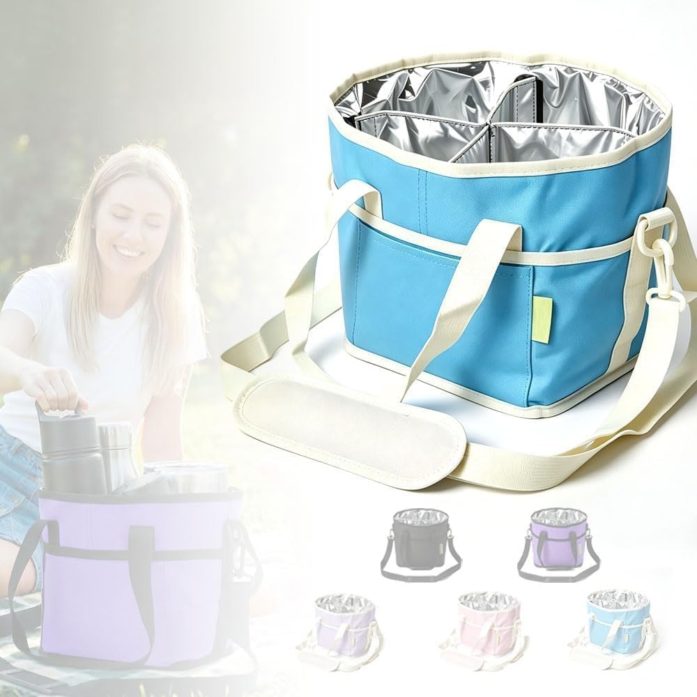 Insulated Drink Carrier Bag for 4 Cups, Water Resistant Multiple Tumbler Tote with Adjustable Shoulder Strap, Leakproof Reusable Coffee Caddy for Travel and Outings (Blue)
