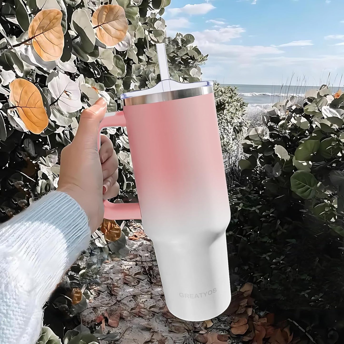 40 oz Tumbler with Handle and Straw Lid Insulated Tumblers Cups with Lids Straws Double Wall Vacuum Stainless Steel 40oz Tumbler Travel Mug Gifts for Men Women Him Her (Sakura)