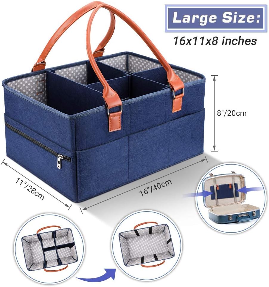 Large Portable Nappy Storage Basket with Detachable Divider, Felt Fabric Baby Diaper Caddy, Navy, for Nursery and Travel