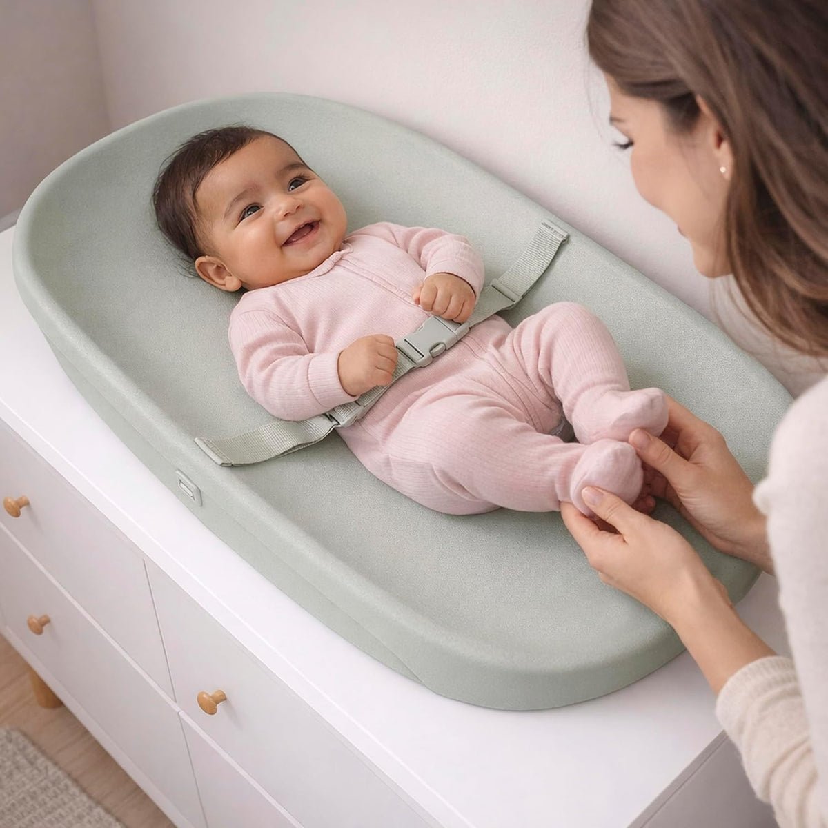 Lotti Love Baby Changing Pad, Waterproof, Contoured Design with Safety Strap, Soft Wipe-Clean Surface, Secure Nursery Changing Pad, Magnolia White