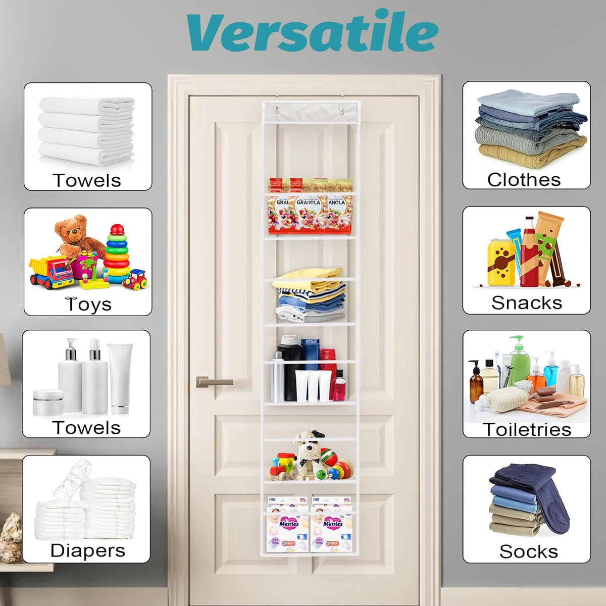 5-Shelf Over The Door Pantry Organizer with Clear Pockets, Heavy Duty Hanging Storage for Closet, Bedroom, Bathroom, and Nursery (Black, Holds up to 28 lbs)