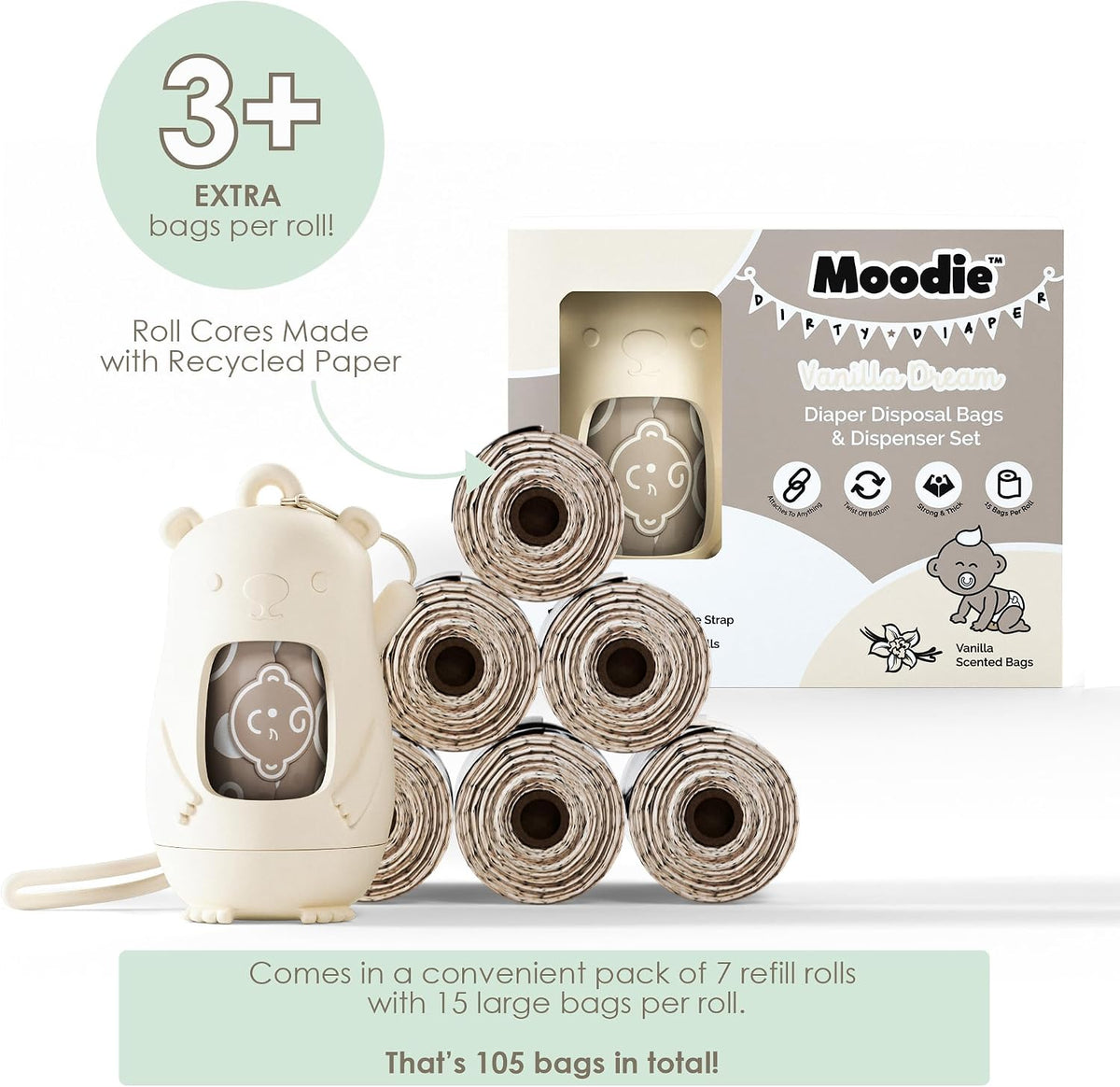 Disposable Diaper Bags Dispenser COMBO PACK | 105 VANILLA SCENTED Baby Poop Bags TOTAL | Dirty Diaper Trash Bags | Diaper Bags Disposable (VANILLA DREAM)