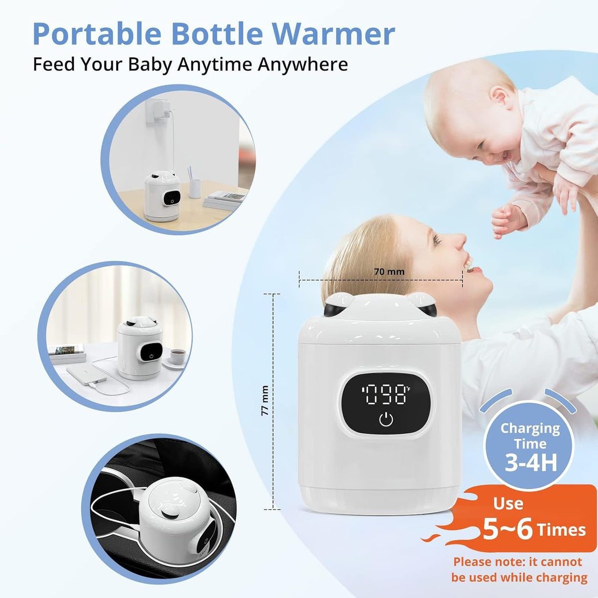 Portable Cordless Bottle Warmer,Include 2 ADapters,Fast Heating,Accurate Temperature Control,Long Battery Life,LCD Display,Leak-Resistance,Easy to Clean,for Breastmilk or Formula,for Travel