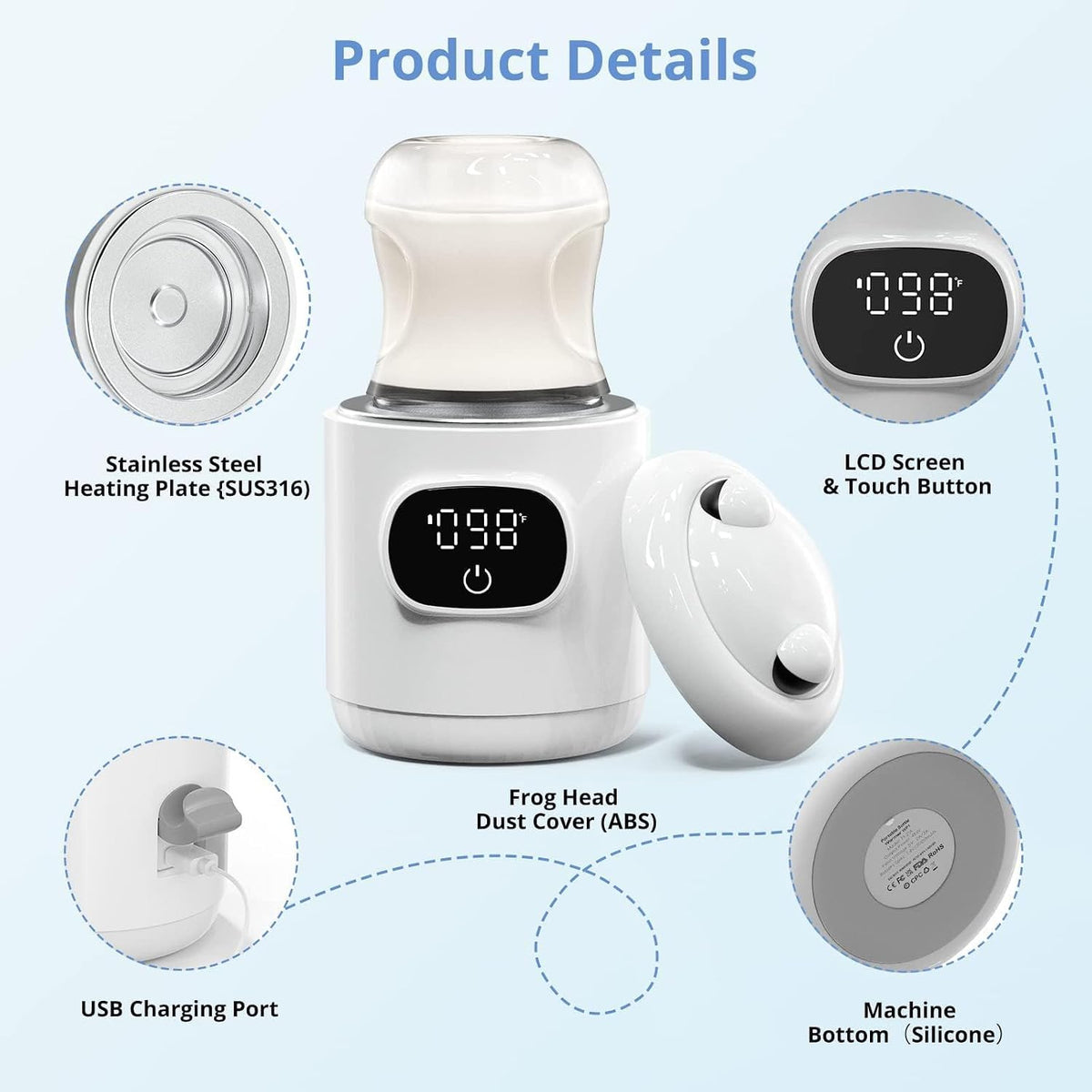 Portable Cordless Bottle Warmer,Include 2 ADapters,Fast Heating,Accurate Temperature Control,Long Battery Life,LCD Display,Leak-Resistance,Easy to Clean,for Breastmilk or Formula,for Travel