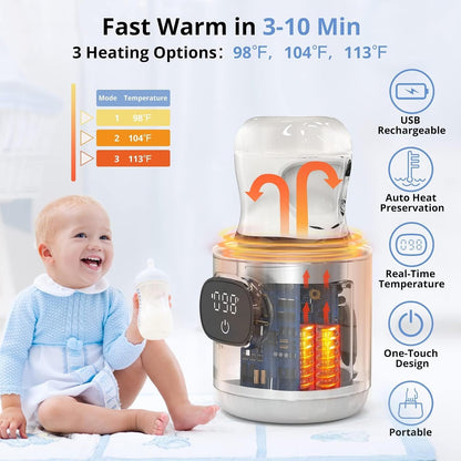 Portable Cordless Bottle Warmer,Include 2 ADapters,Fast Heating,Accurate Temperature Control,Long Battery Life,LCD Display,Leak-Resistance,Easy to Clean,for Breastmilk or Formula,for Travel