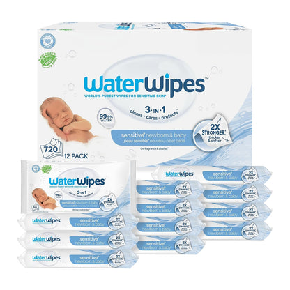 Sensitive+ Newborn & Baby Wipes, 3-In-1 Cleans, Cares, Protects, 99.9% Water, Unscented & Hypoallergenic, 720 Count (12 Packs)