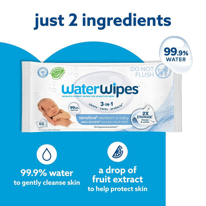 Sensitive+ Newborn & Baby Wipes, 3-In-1 Cleans, Cares, Protects, 99.9% Water, Unscented & Hypoallergenic, 720 Count (12 Packs)