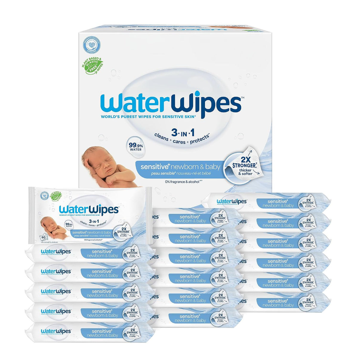 Sensitive+ Newborn & Baby Wipes, 3-In-1 Cleans, Cares, Protects, 99.9% Water, Unscented & Hypoallergenic, 720 Count (12 Packs)