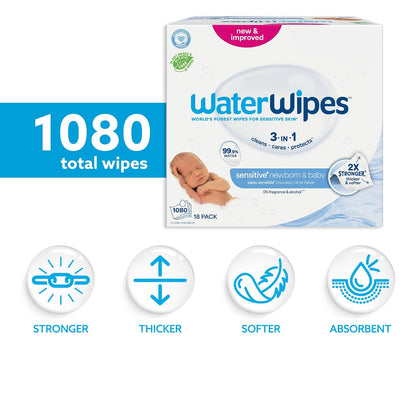Sensitive+ Newborn & Baby Wipes, 3-In-1 Cleans, Cares, Protects, 99.9% Water, Unscented & Hypoallergenic, 720 Count (12 Packs)