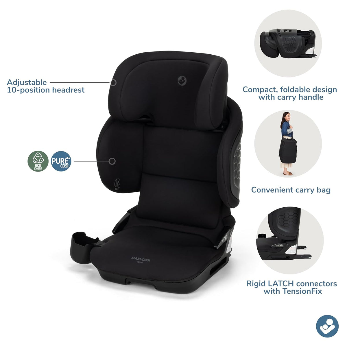 Tanza Belt-Positioning Booster Car Seat with Back, Foldable Car Seat, Sea Shadow