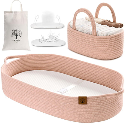 J&JOO Baby Changing Basket includes Diaper Caddy - Soft & Waterproof Dual-Cover, Portable, Changing Pad for Dresser & Changing Table, Gift for Baby Shower, Organic Cotton Rope