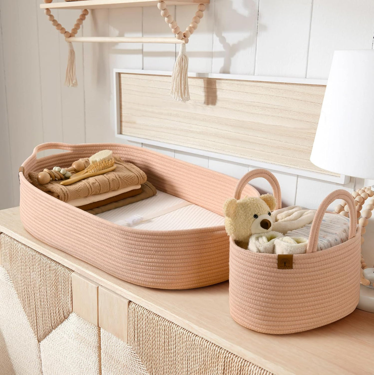 J&JOO Baby Changing Basket includes Diaper Caddy - Soft & Waterproof Dual-Cover, Portable, Changing Pad for Dresser & Changing Table, Gift for Baby Shower, Organic Cotton Rope